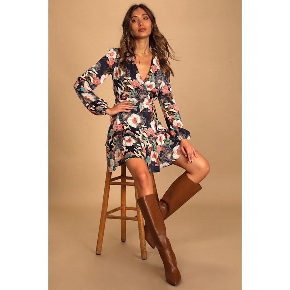 Lulus So Splendid Navy Blue Floral Satin Long Sleeve Wrap Dress